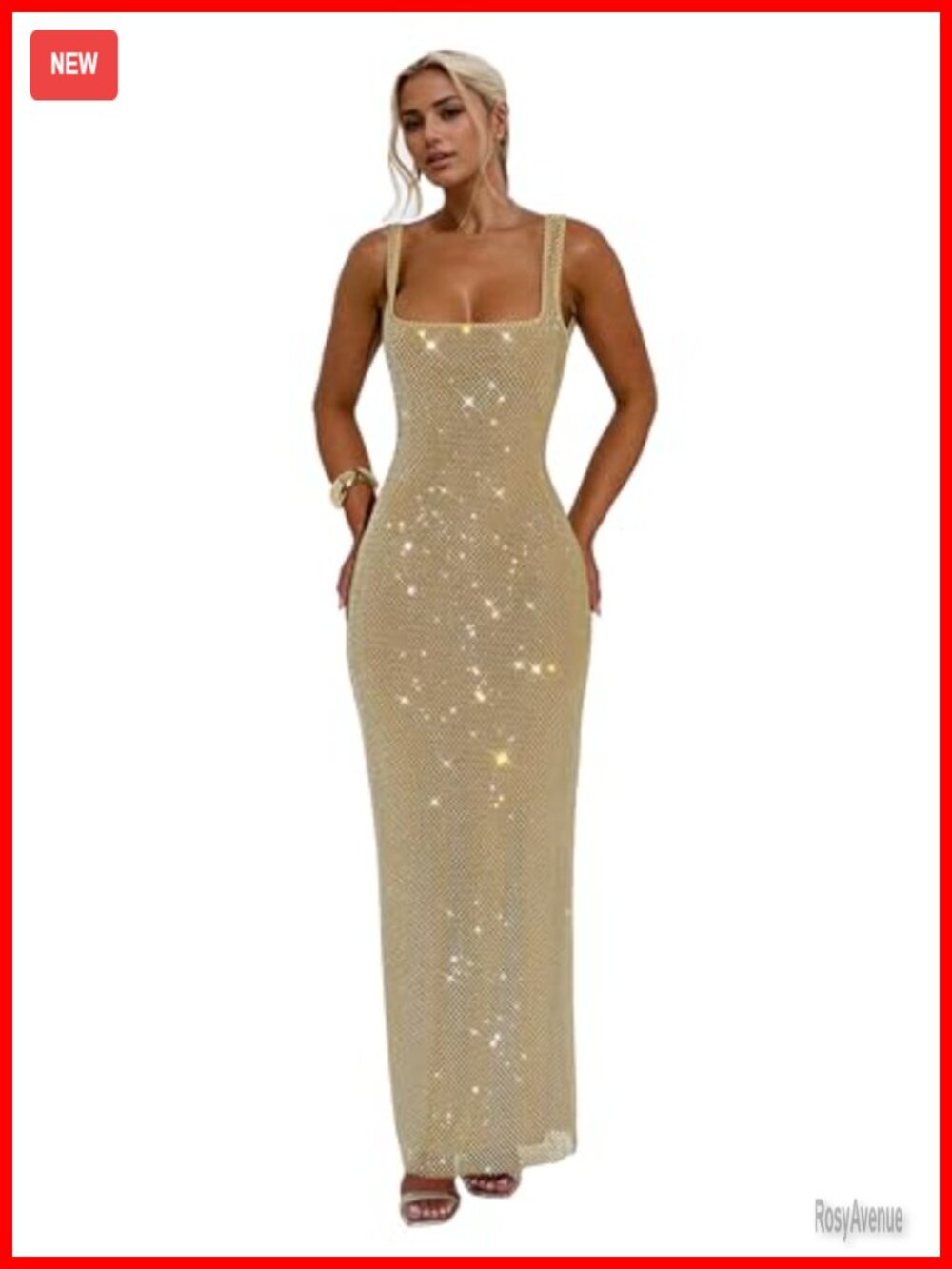 Glitter Mesh Rhinestone Bodycon Maxi Dress Sleeveless Open Back Formal